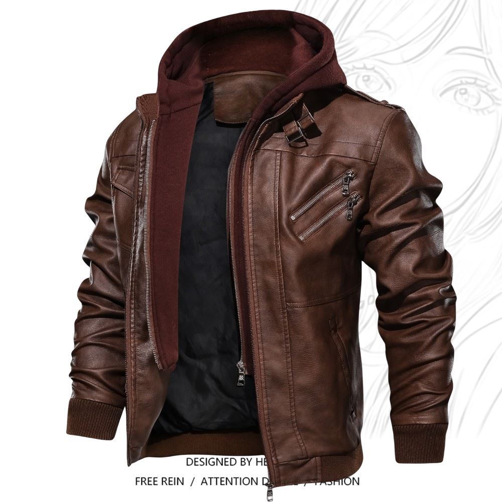 Herren Lederjacke mit integrierter Kapuze und praktischen Brusttaschen Aliams