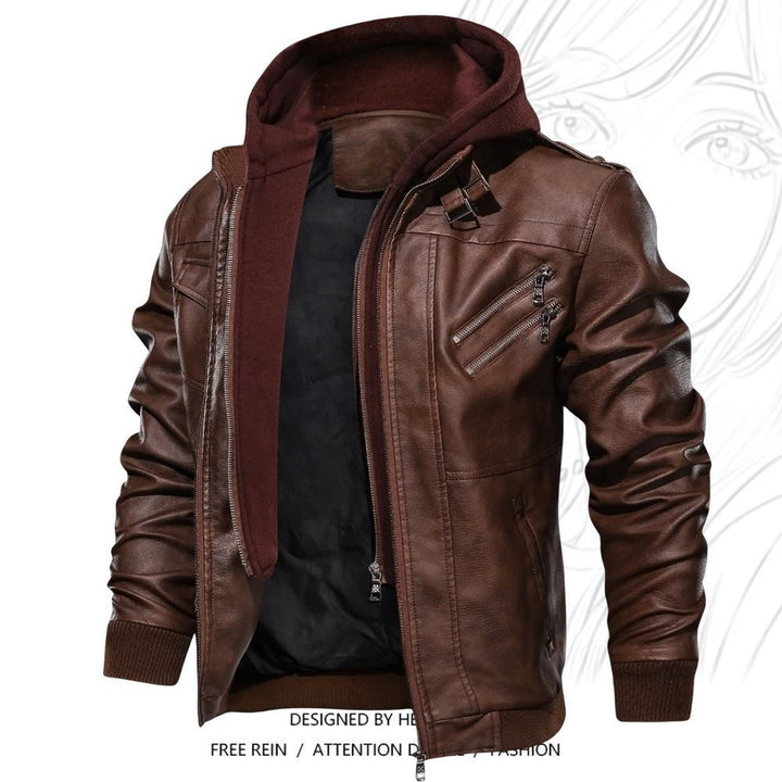 Herren Lederjacke mit integrierter Kapuze und praktischen Brusttaschen Aliams