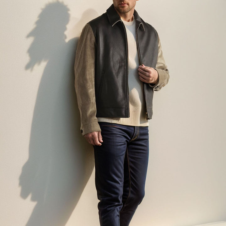 Herren Stilvolle Lederjacke mit Kontrastärmeln Aliams