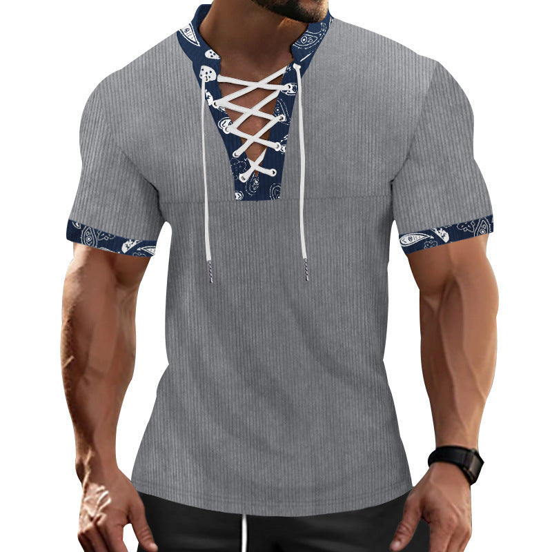 Herren Kurzarm-Henley-Shirt mit dekorativem Schnürdesign Aliams