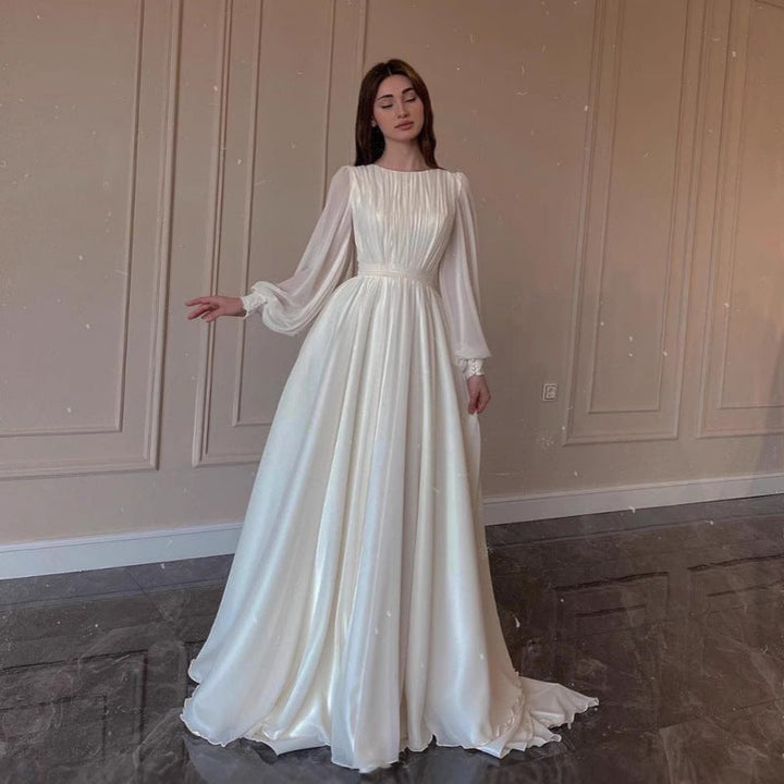 Aliams | Durchsichtiges Weißes Hochzeitskleid Rundhalsausschnitt Lange Ärmel Kleid