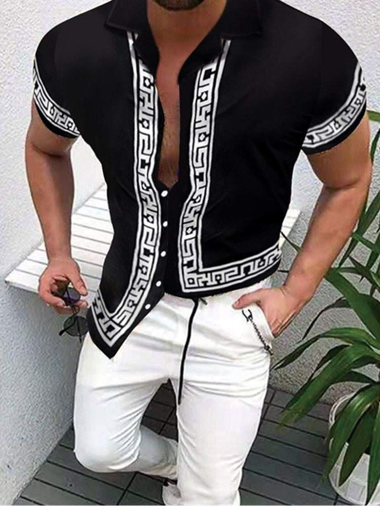 Herren Kurzarm Geometrisches Druck Hemd mit Knopfleiste Aliams