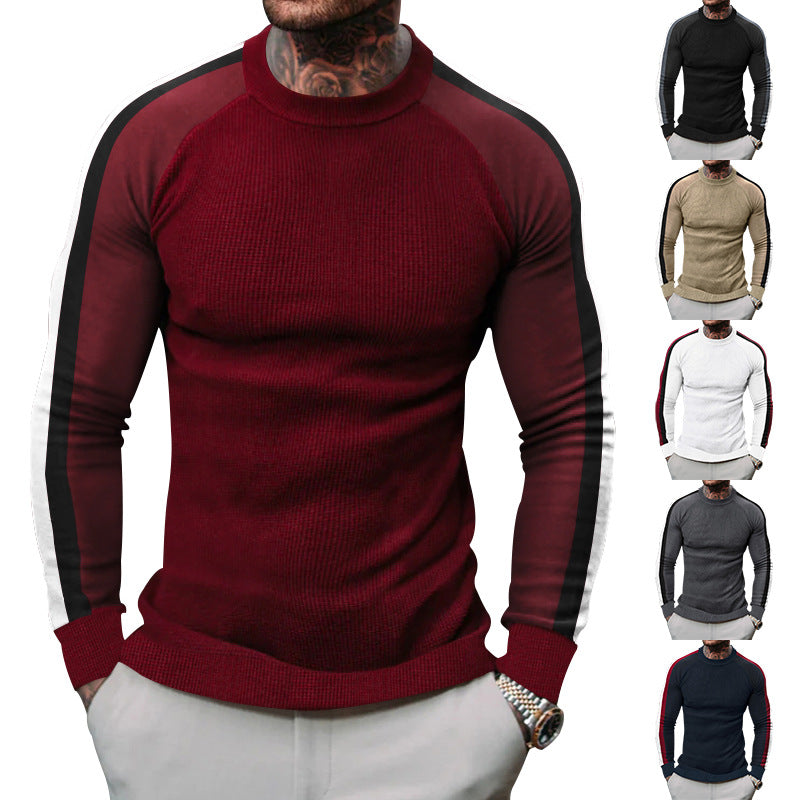 Herren sportlicher Strickpullover mit kontrastierenden Ärmeln und hohem Kragen Aliams