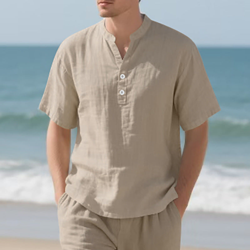 Herren Kurzarm-Henley-Shirt aus leichtem Leinenstoff mit praktischer Knopfleiste Aliams