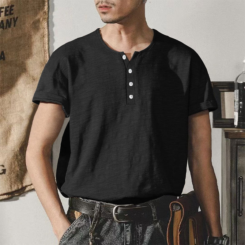 Herren hochwertiges Kurzarm-Henley-T-Shirt mit modischen Knöpfen und bequemer Passform Aliams