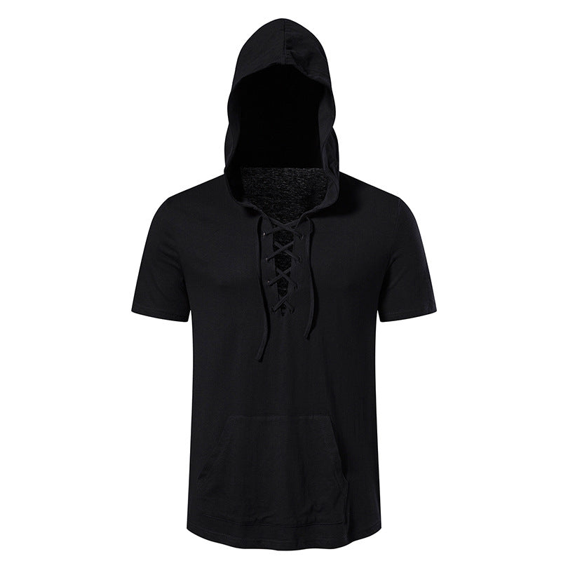 Herren Kurzarm-Hoodie mit lässigem Lacing-Design und praktischer Kängurutasche Aliams