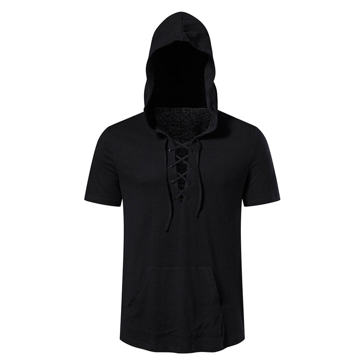 Herren Kurzarm-Hoodie mit lässigem Lacing-Design und praktischer Kängurutasche Aliams