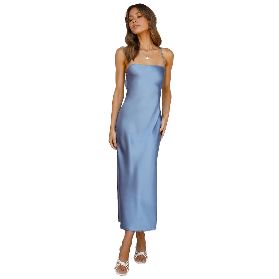 Damen Satinmaxikleid mit Schmalem Schnitt und Spaghettiträgern Aliams