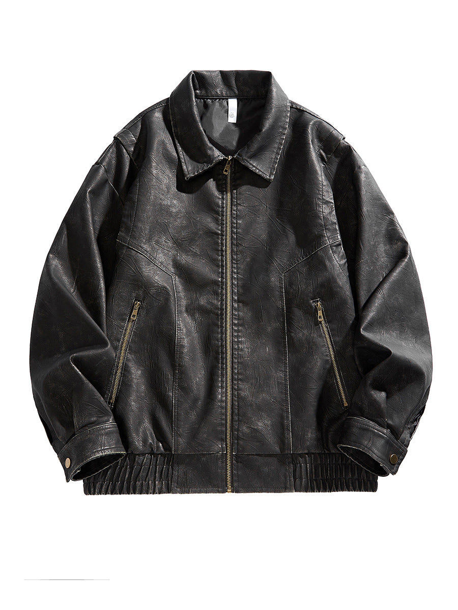 Herren kurz geschnittene Lederjacke mit elastischem Bund und Taschen Aliams