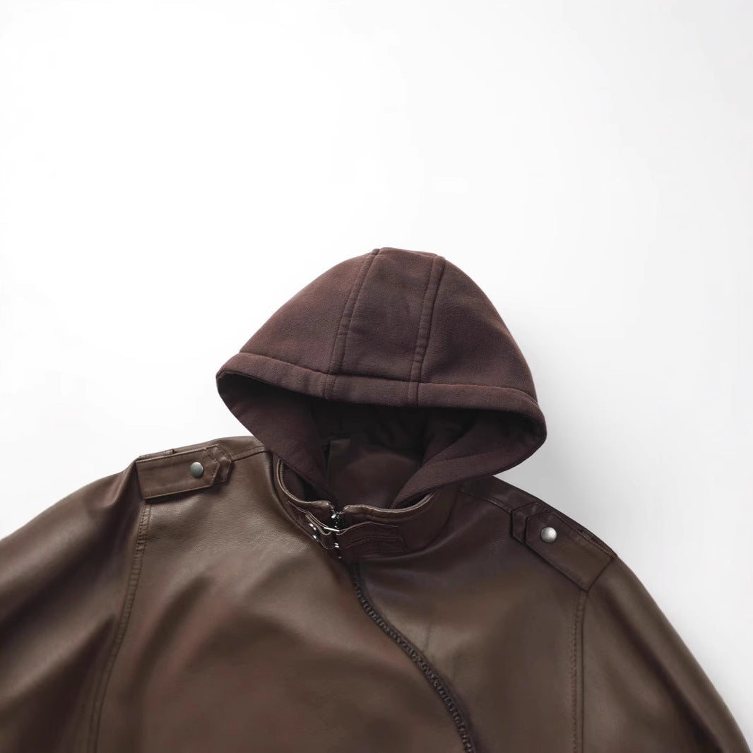 Herren Kunstlederjacke mit abnehmbarer Kapuze und Multifunktions-Taschen Aliams