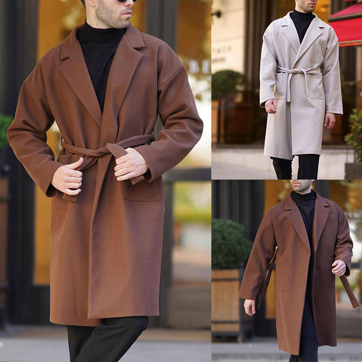 Herren eleganter Wollmantel mit Gürtel und tiefem Kragen Aliams