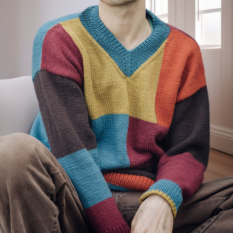Herren gemusterter Pullover mit Farbblockdesign und modernem V-Ausschnitt Aliams