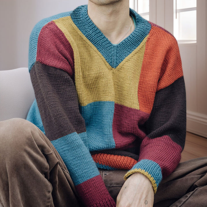 Herren gemusterter Pullover mit Farbblockdesign und modernem V-Ausschnitt Aliams