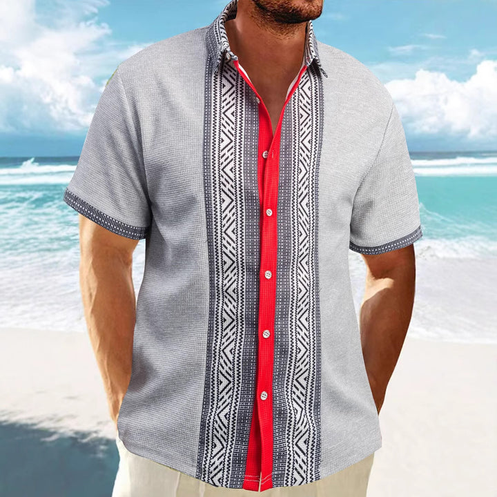 Herren Kurzarm-Hemd mit ethnischem Muster und kontrastierenden Details Aliams