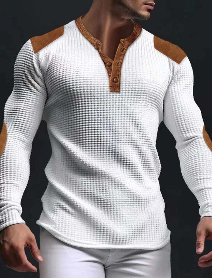 Herren strukturiertes Langarmshirt mit modischen Lederapplikationen Aliams