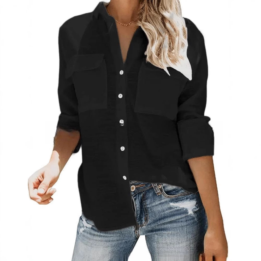Damen leichte Sommerbluse mit zwei Brusttaschen und aufgerollten Ärmeln Aliams