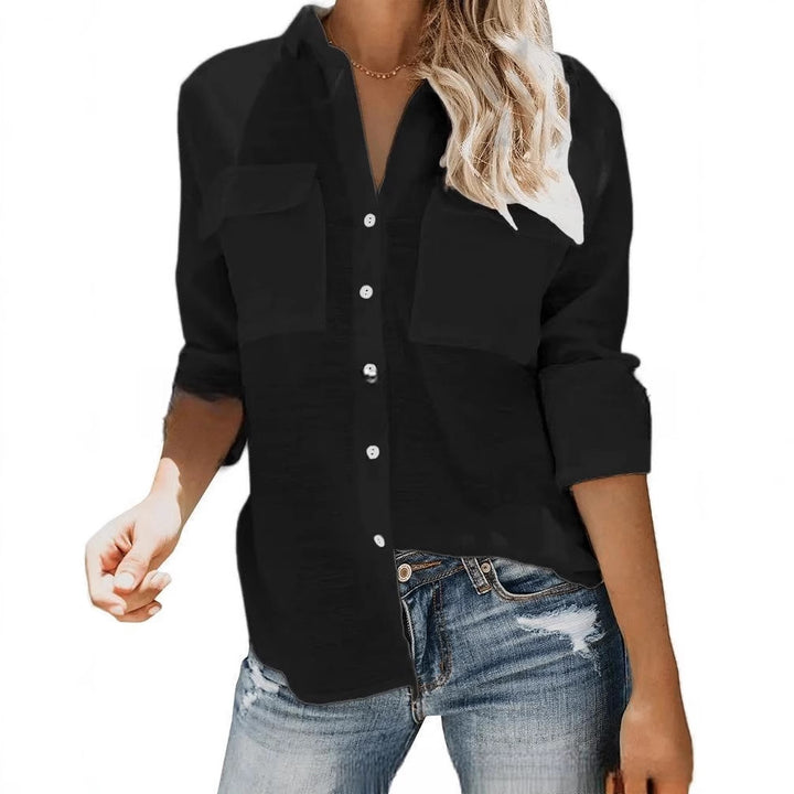Damen leichte Sommerbluse mit zwei Brusttaschen und aufgerollten Ärmeln Aliams