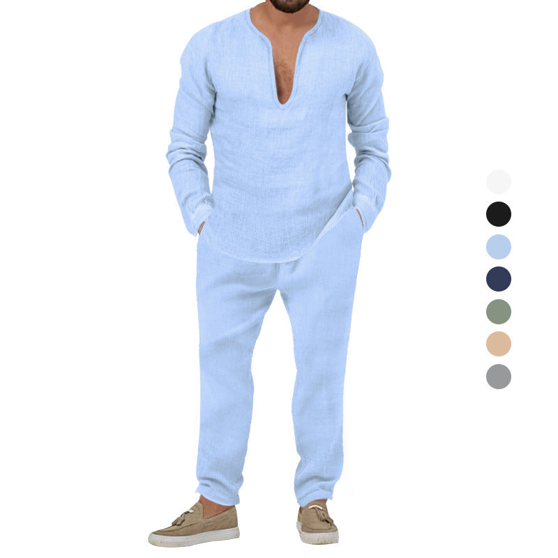 Herren Elegantes Leinen-Loungewear-Set mit Stehkragen Aliams