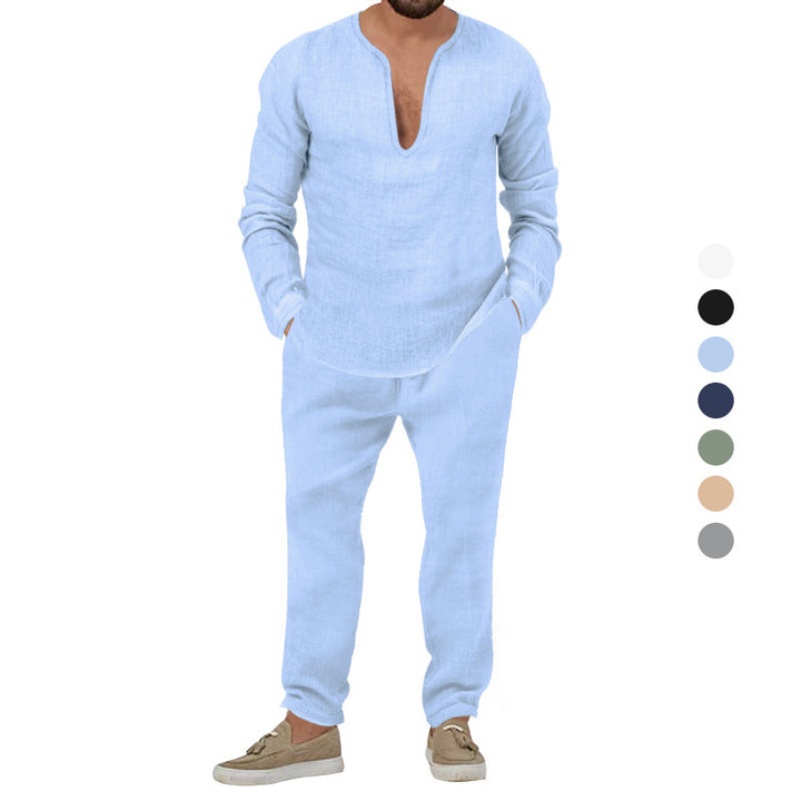 Herren Elegantes Leinen-Loungewear-Set mit Stehkragen Aliams