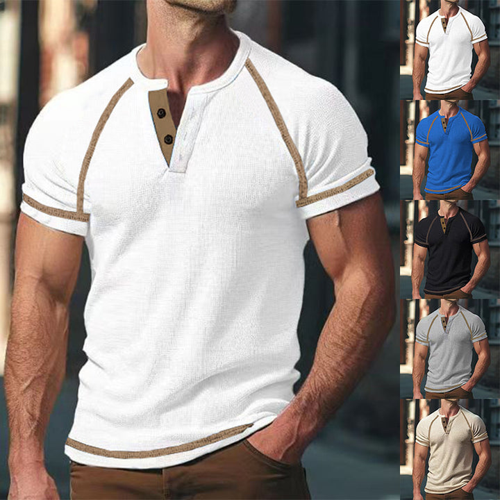 Herren Kurzarm-Henley-Shirt aus atmungsaktivem Strukturmaterial mit dekorativer Knopfleiste Aliams