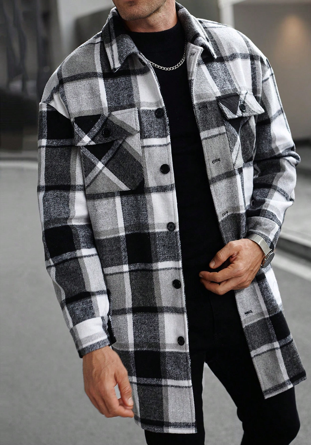 Herren karierte Flanelljacke mit knöpfbaren Taschen und modernem Schnitt Aliams