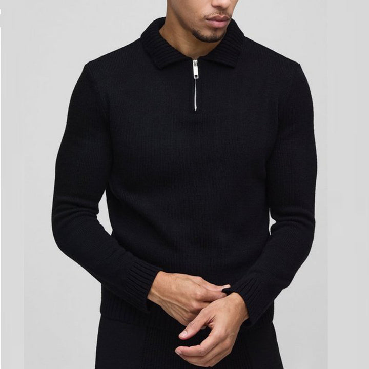 Herren eleganter Strickpullover mit kurzem Reißverschluss und Rippstruktur Aliams
