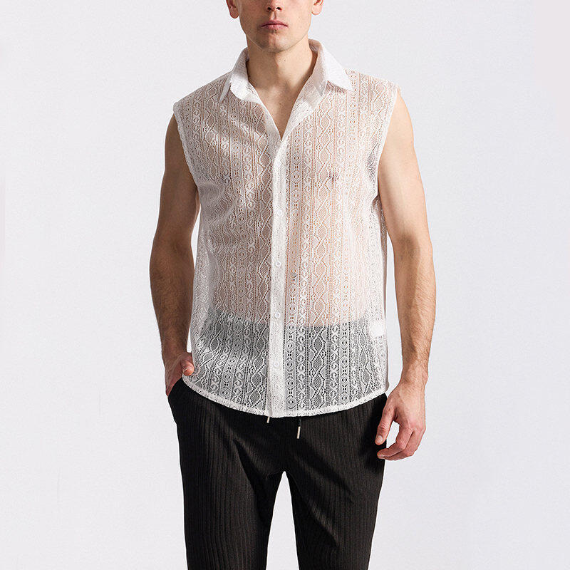 Herren ärmelloses Design-Hemd aus filigraner Spitzenstruktur Aliams