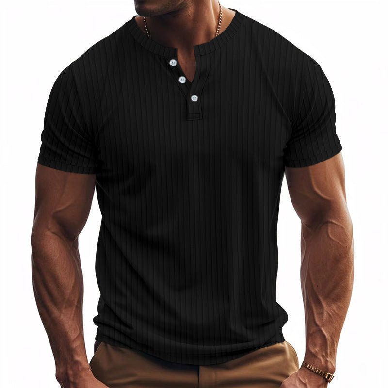 Herren Kurzarm Henley-Shirt mit Streifenmuster und praktischen Knöpfen Aliams