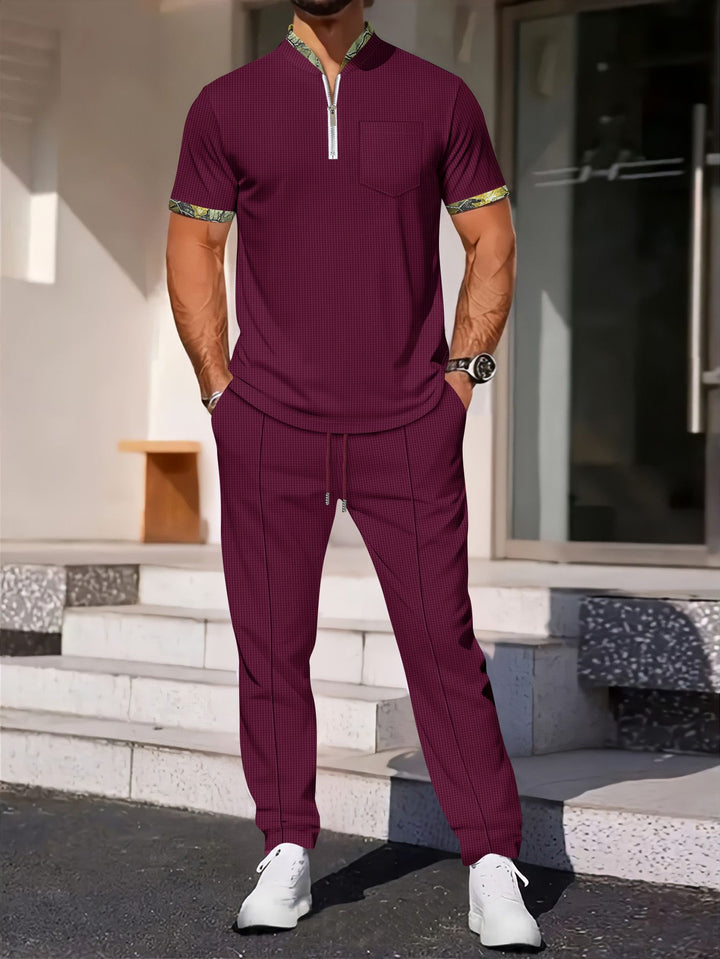 Herren Sportliches Kurzarm-Oberteil mit Reißverschluss und bequemen Jogginghosen Aliams