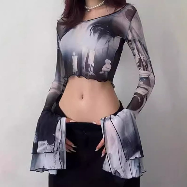Damen Crop-Top mit transparenten Ärmeln und kunstvollem Druck Aliams