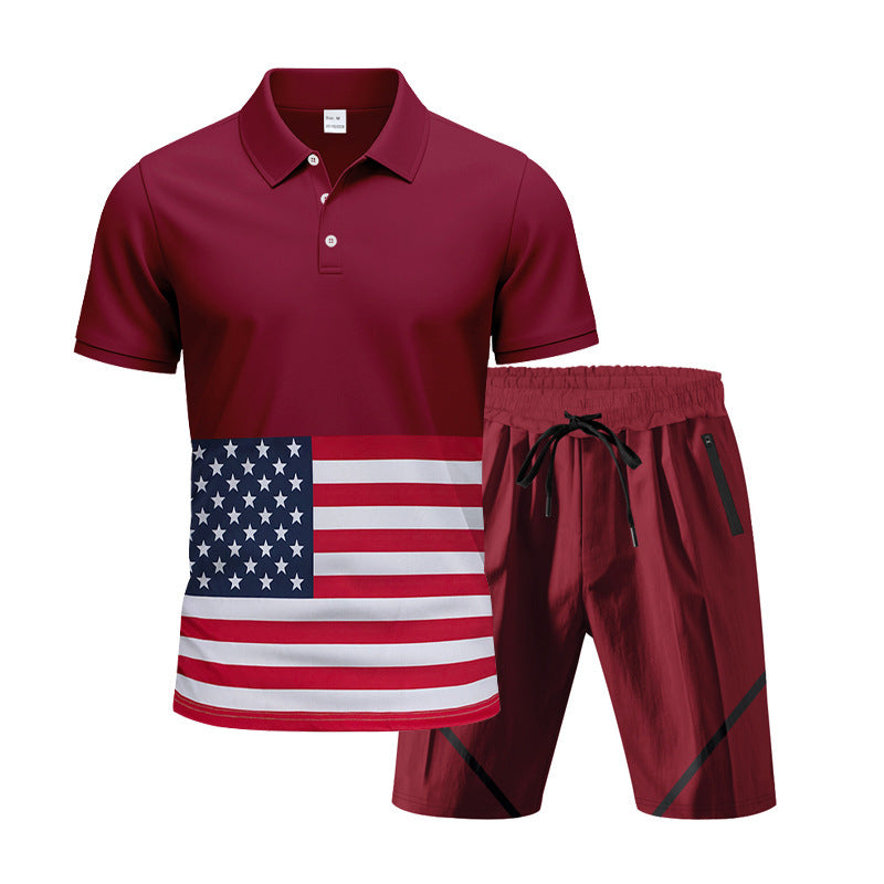 Herren Polo-Shirt und Shorts-Set mit Flaggenmotiven und modernem Schnitt Aliams