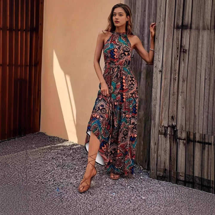 Damen Maxikleid Im Boho-Stil mit Elegantem Halterneck und Seitlichem Bindegürtel Aliams