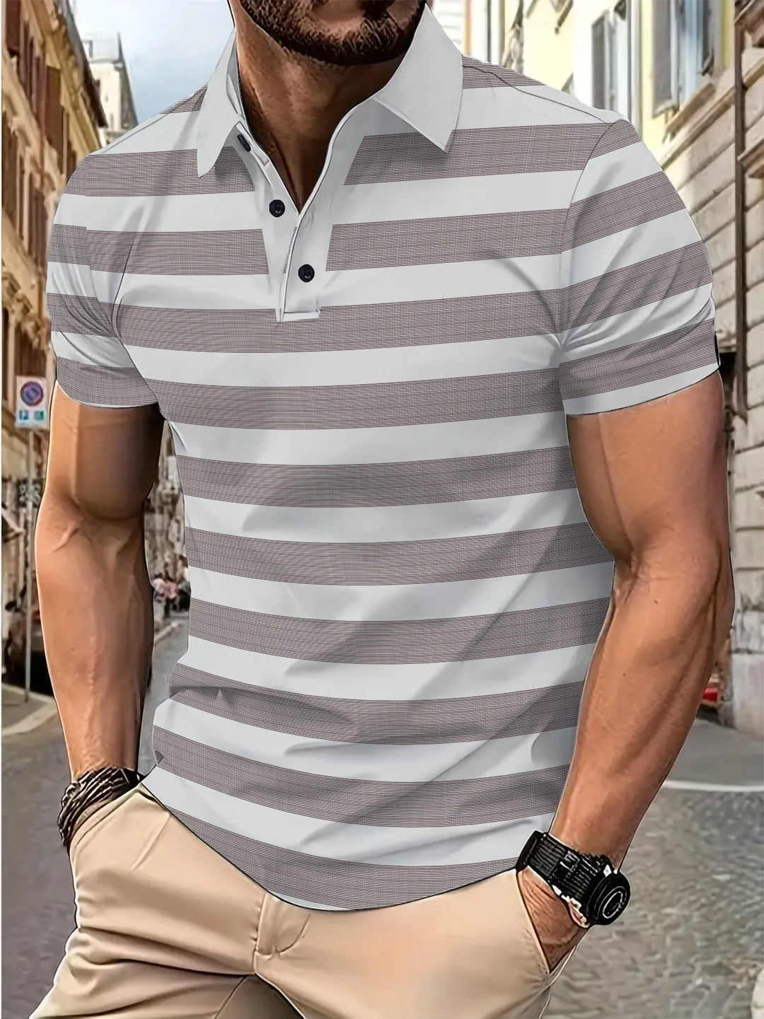 Herren Kurzarm Poloshirt mit gestreiftem Design und atmungsaktivem Stoff Aliams