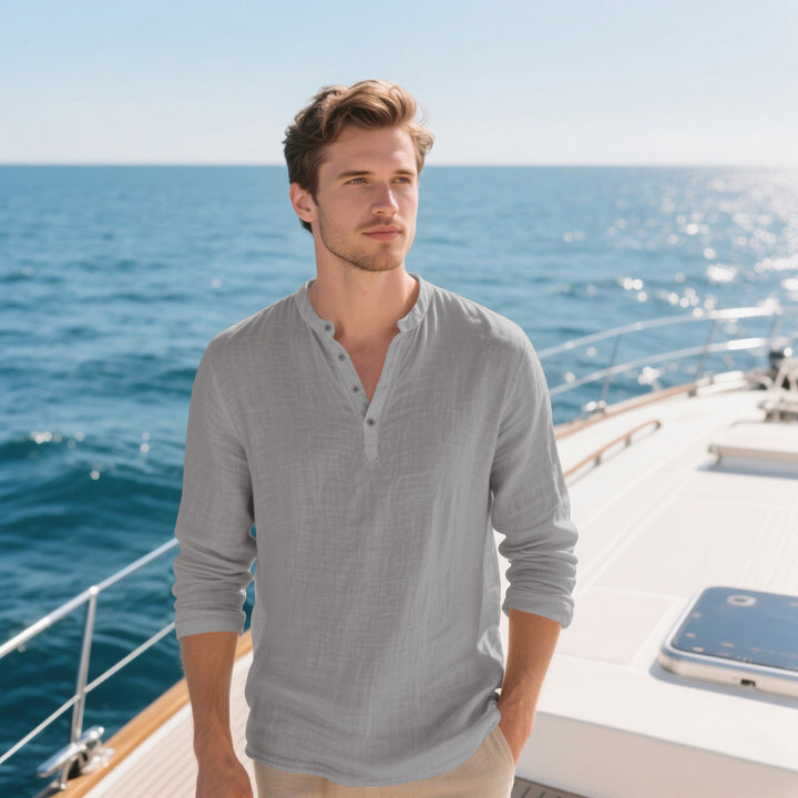 Herren elegantes Langarmhemd mit modischem Stehkragen und strukturierter Oberfläche Aliams