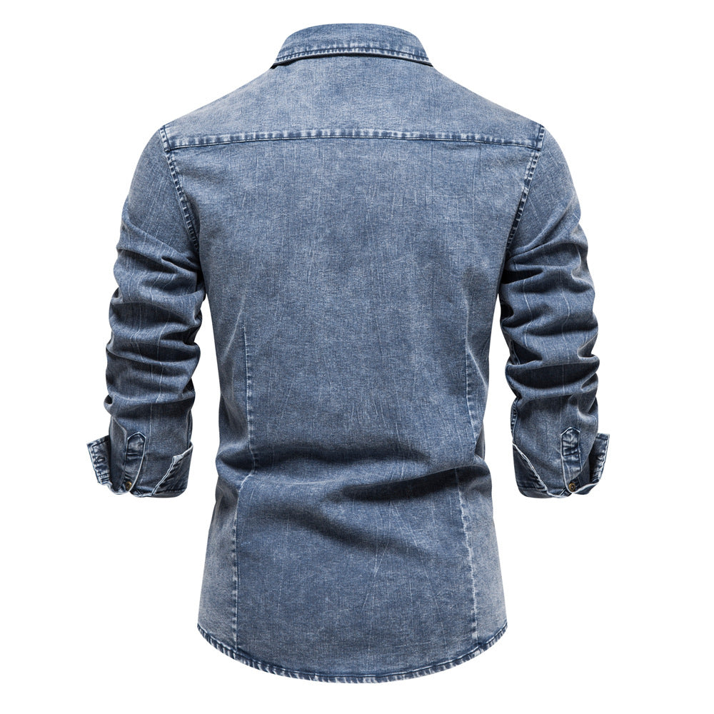 Herren Denim Hemdbluse mit zwei Brusttaschen und geschmackvollen Stickereien Aliams