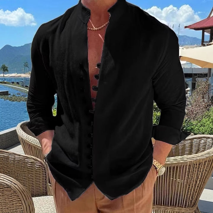 Herren Baumwollhemd mit modischem Stehkragen und dekorativer Knopfleiste Aliams