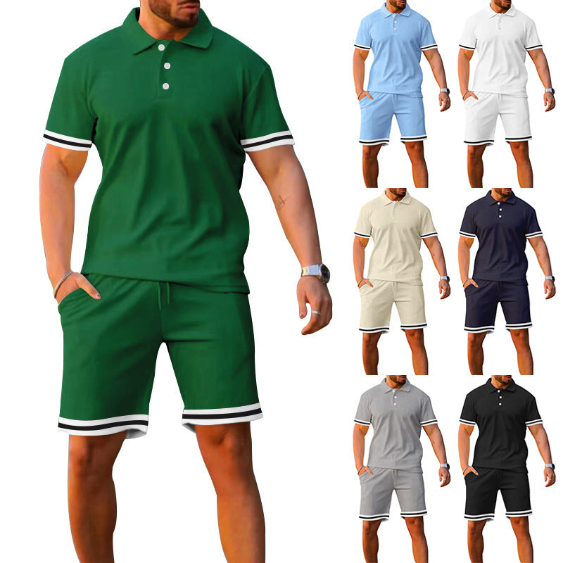 Herren sportliches Poloshirt und Freizeit-Shorts Set mit elastischem Bund und Kontraststreifen Aliams