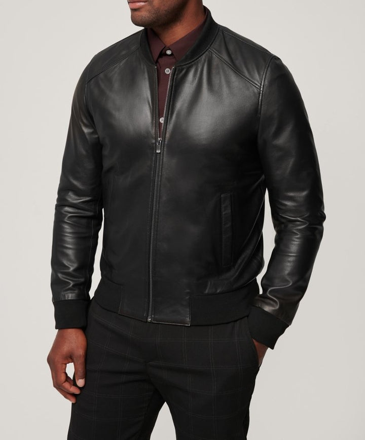 Herren klassische Lederjacke im Biker-Stil mit elastischem Bund Aliams