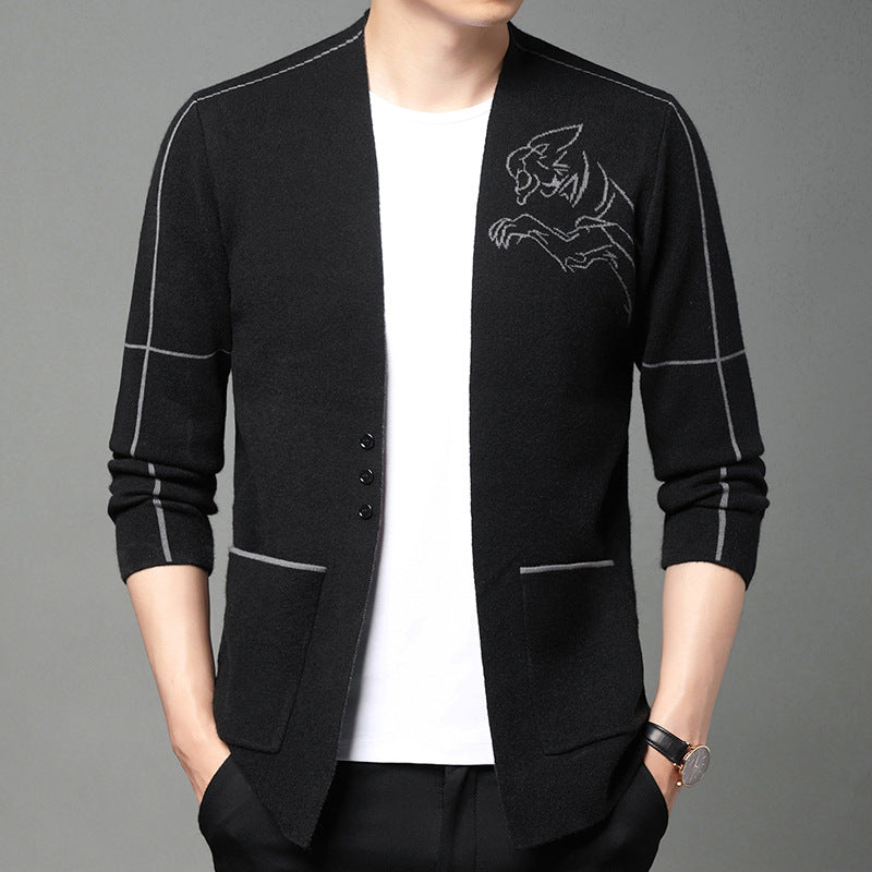 Herren elegante Strickjacke mit gesticktem Design und praktischen Taschen Aliams