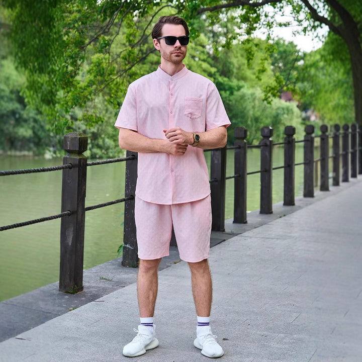 Herren Kurzarm-Hemd und Shorts Set mit modernem Stehkragen und atmungsaktiver Struktur Aliams