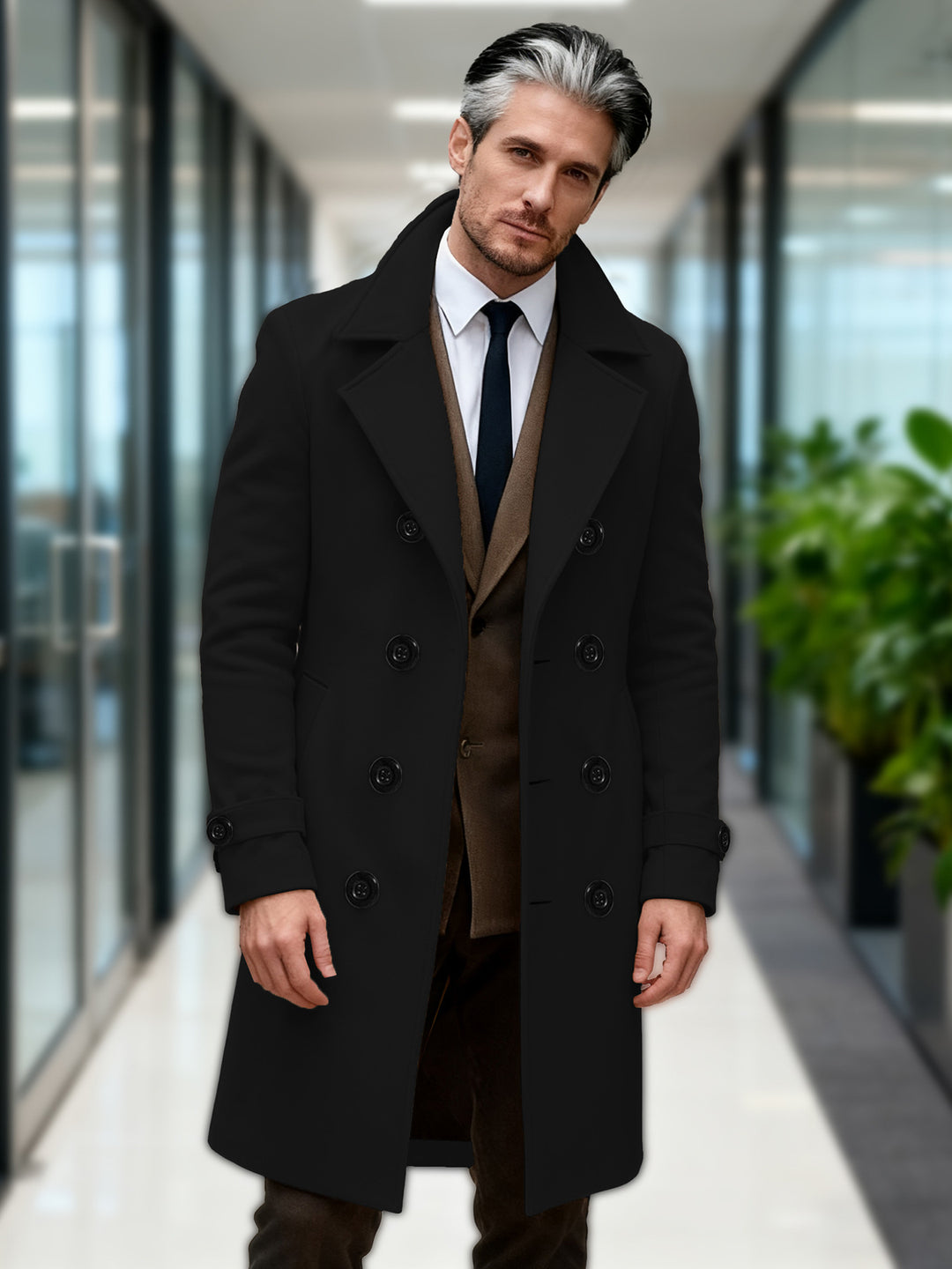Herren Doppelreihiger Wollmantel mit modernem Schnitt Aliams