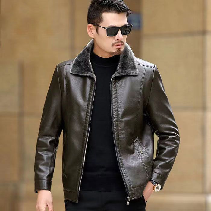 Herren elegante Kunstlederjacke mit wärmendem Kragen Aliams