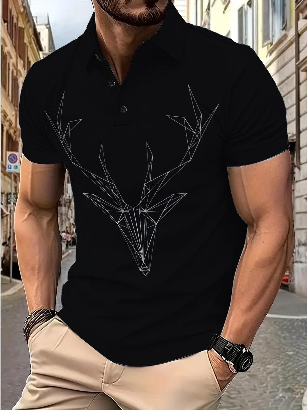 Herren Kurzarm Poloshirt mit geometrischem Hirschmotiv Aliams