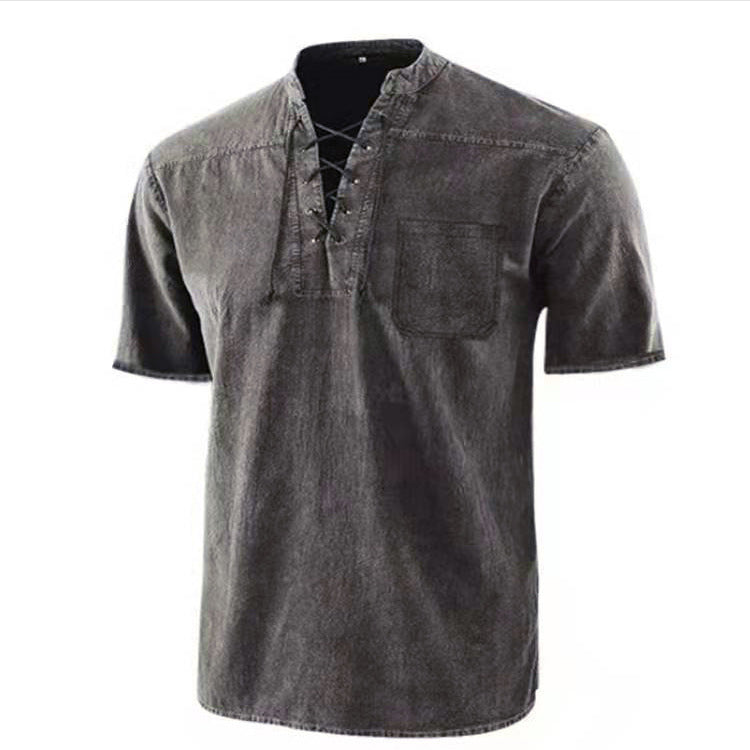 Herren Kurzarm Hemd mit modernem Schnürdesign und Brusttasche Aliams