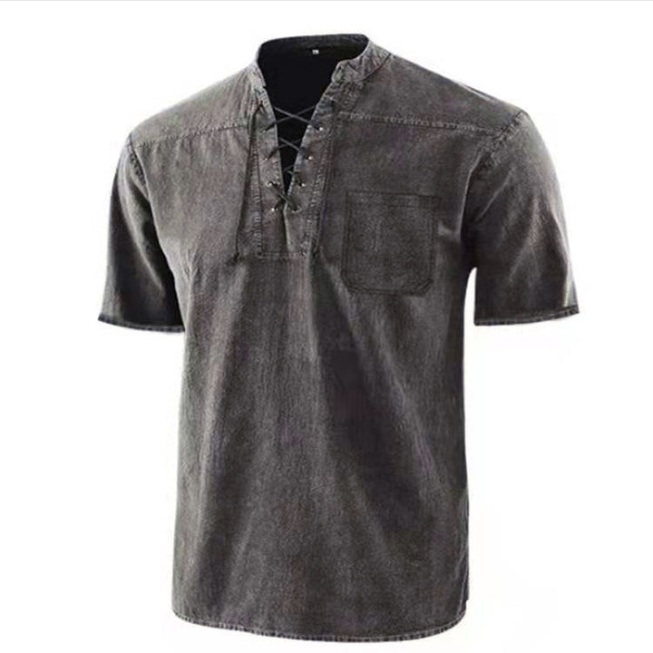 Herren Kurzarm Hemd mit modernem Schnürdesign und Brusttasche Aliams