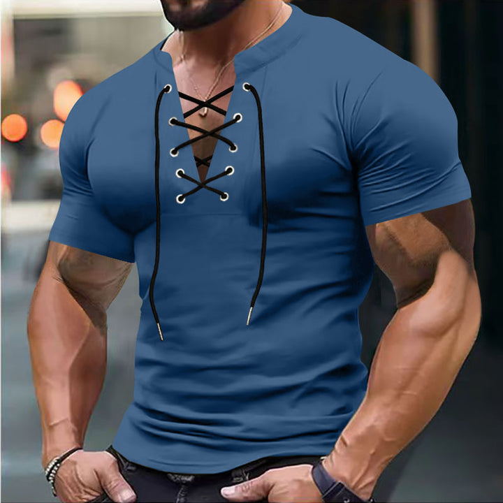 Herren Kurzarm-Henley-Shirt mit modischem Schnürdesign und körperbetonter Passform Aliams