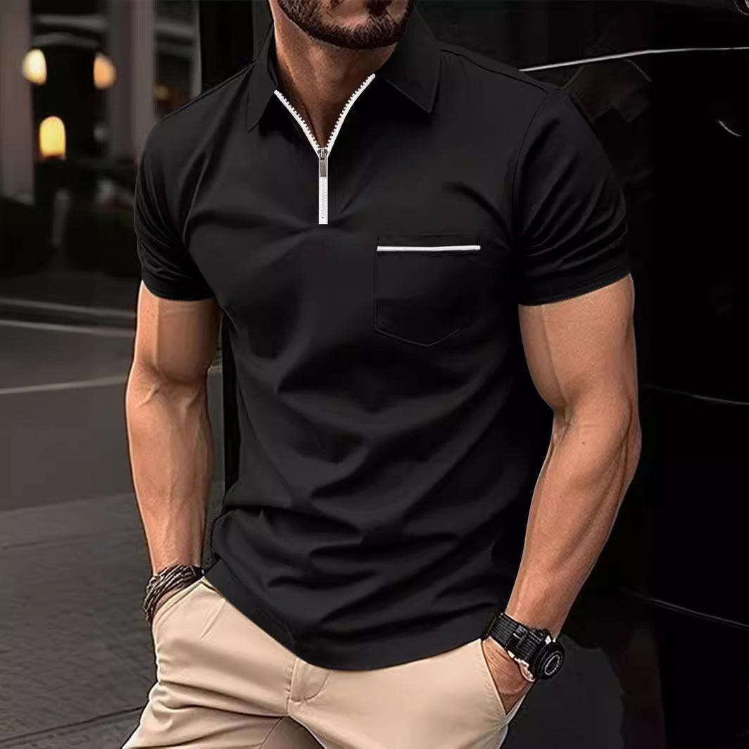 Herren Kurzarm Poloshirt mit Reißverschluss und Brusttasche Aliams