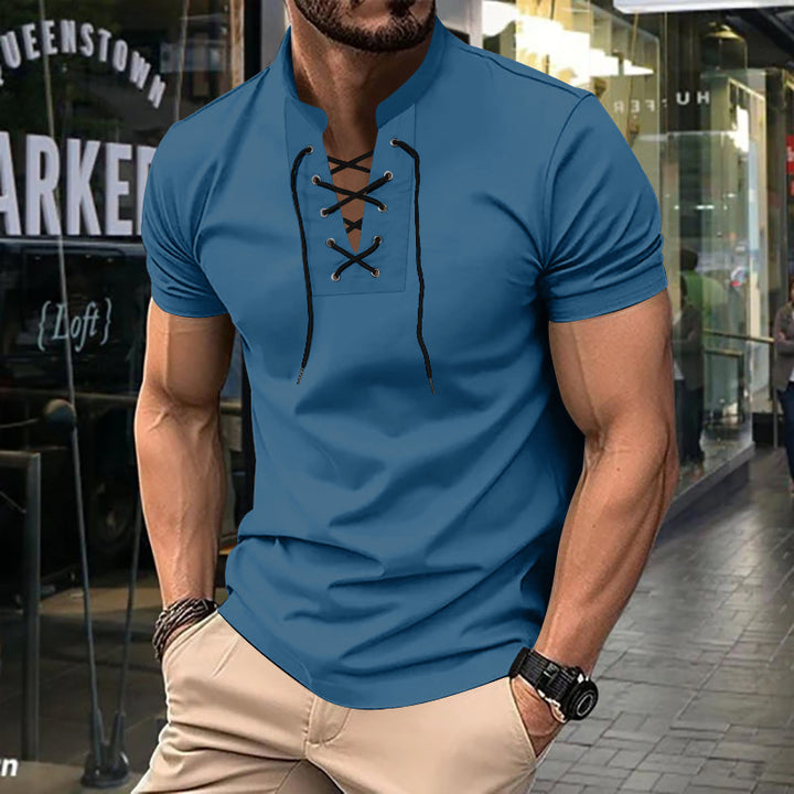 Herren Kurzarm-Henley-Shirt mit modernem Schnürdesign Aliams