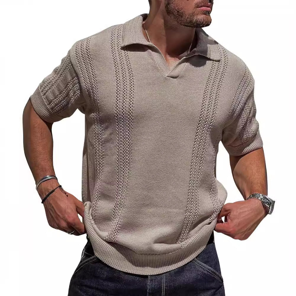 Herren Kurzarm Strickpullover mit strukturierter Oberfläche und Polokragen Aliams