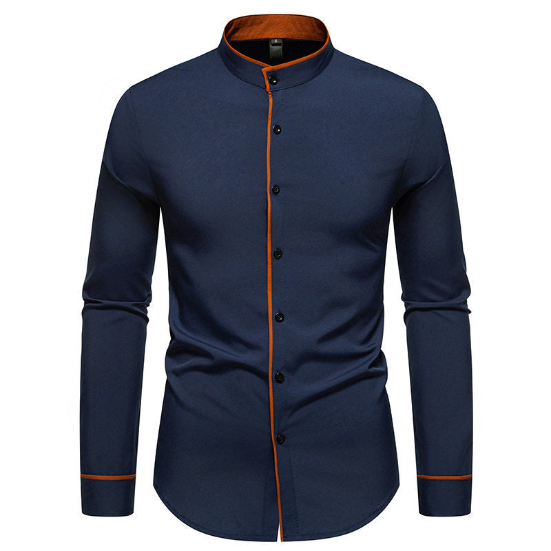Herren elegantes Langarmhemd mit modernem Stehkragen und Kontrastnähten Aliams
